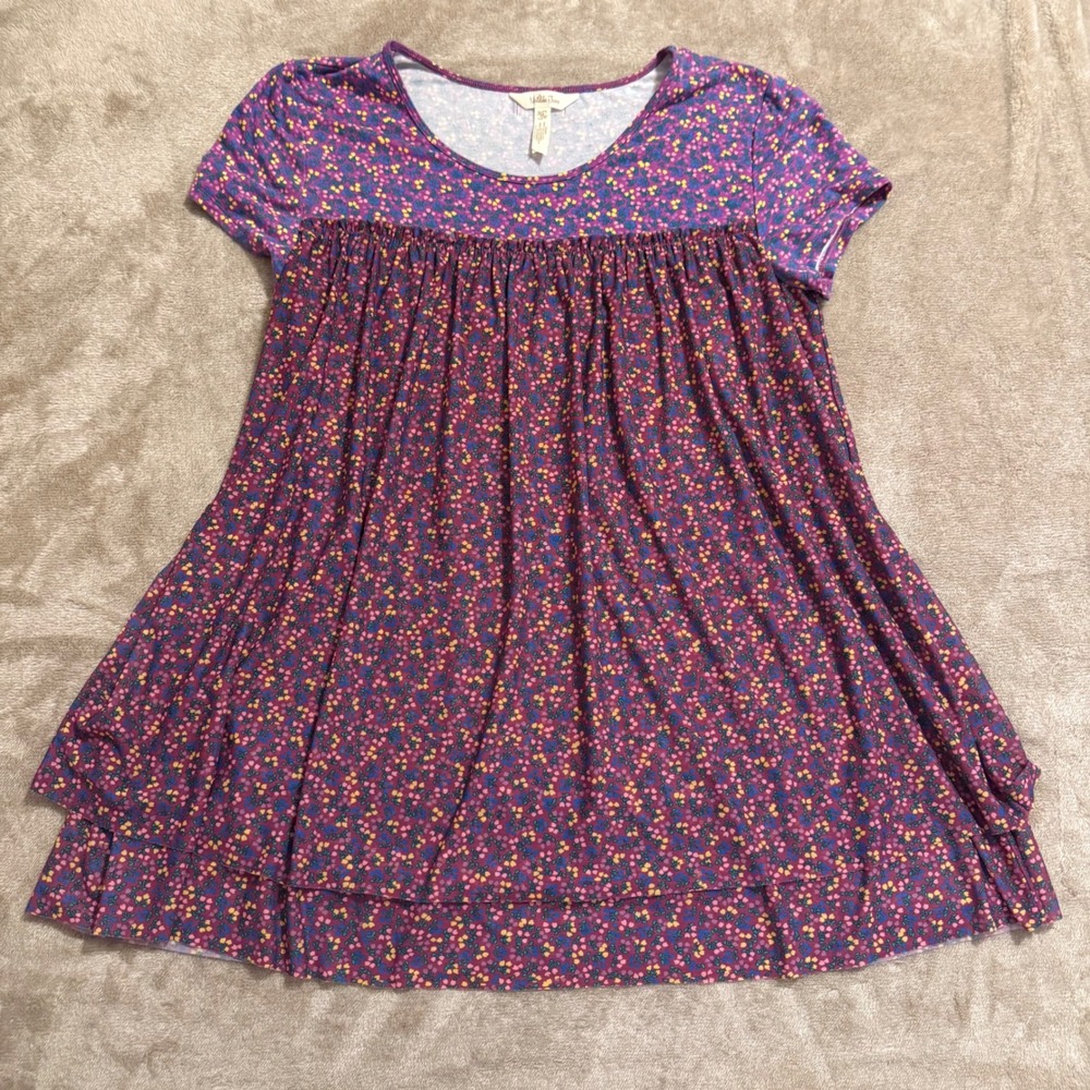Matilda Jane Womens Purple Floral Babydoll Tunic Top Short Sleeve Tiered Size M
